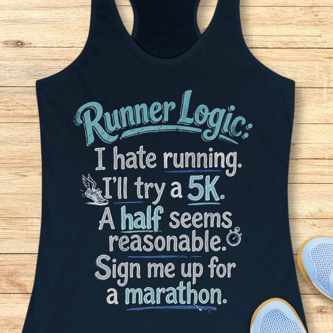 navy tank top with humorous running text on a wooden surface