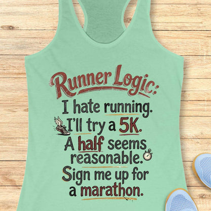 Light green tank top with humorous running text on a wooden surface