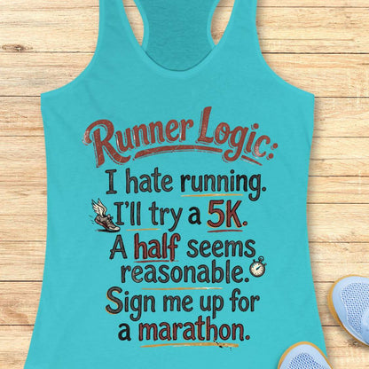 Teal tank top with humorous running text on a wooden surface