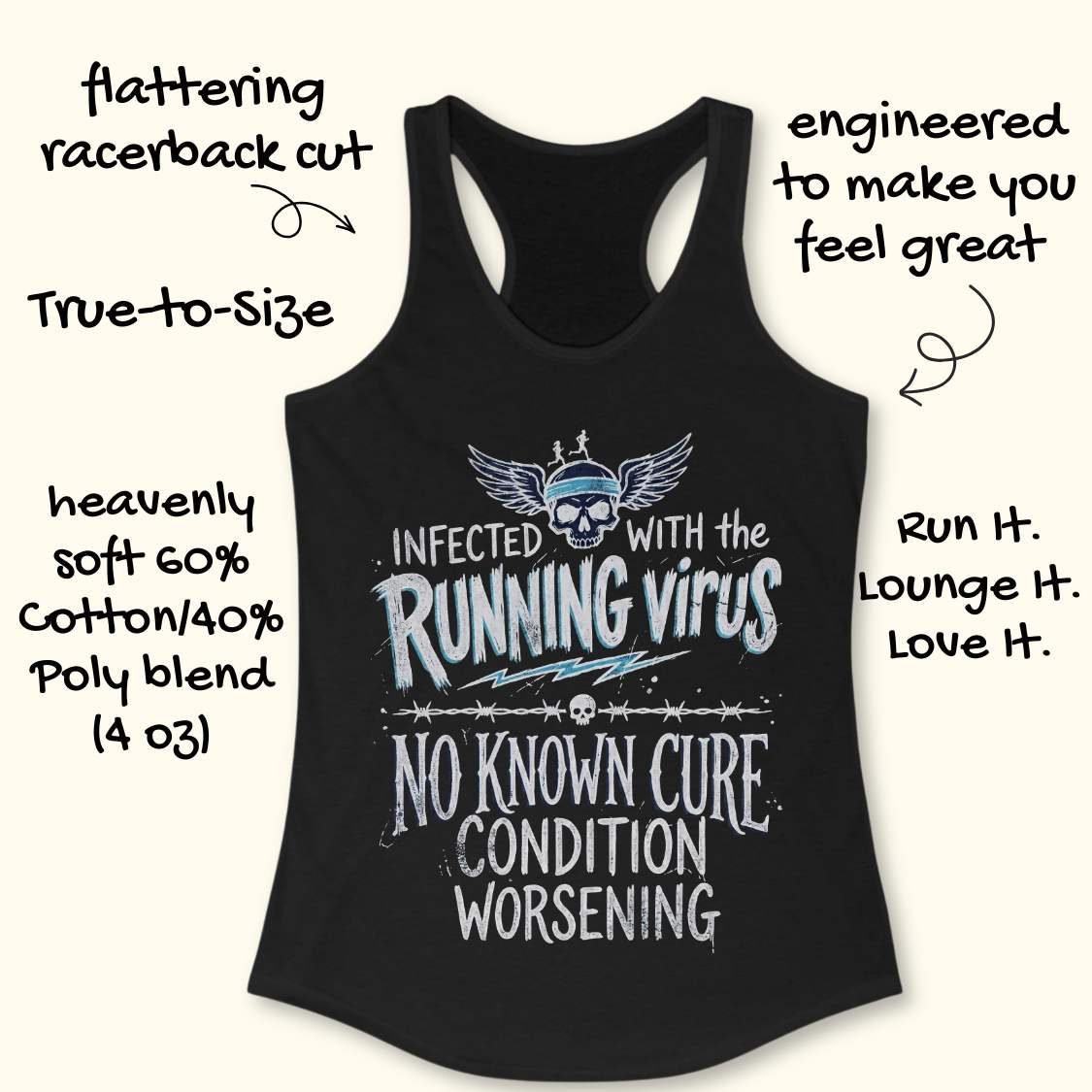 Black tank top with humorous text 'infected with the running virus. No known cure, condition worsening', design on a white background