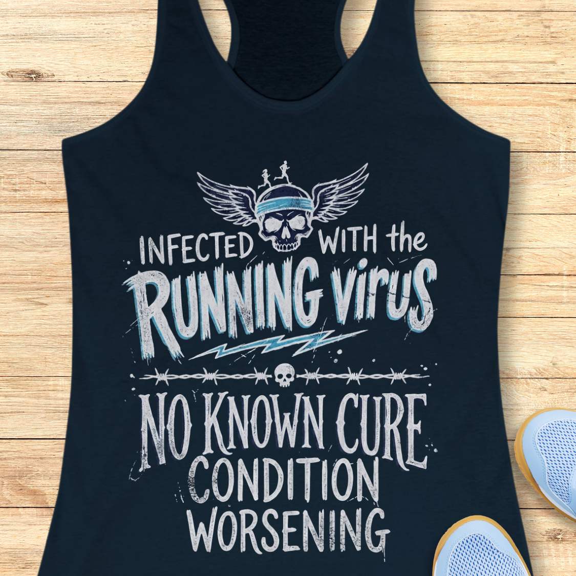 navy tank top with humorous text design and text - 'infected with the running virus. No known cure, condition worsening', on a wooden surface