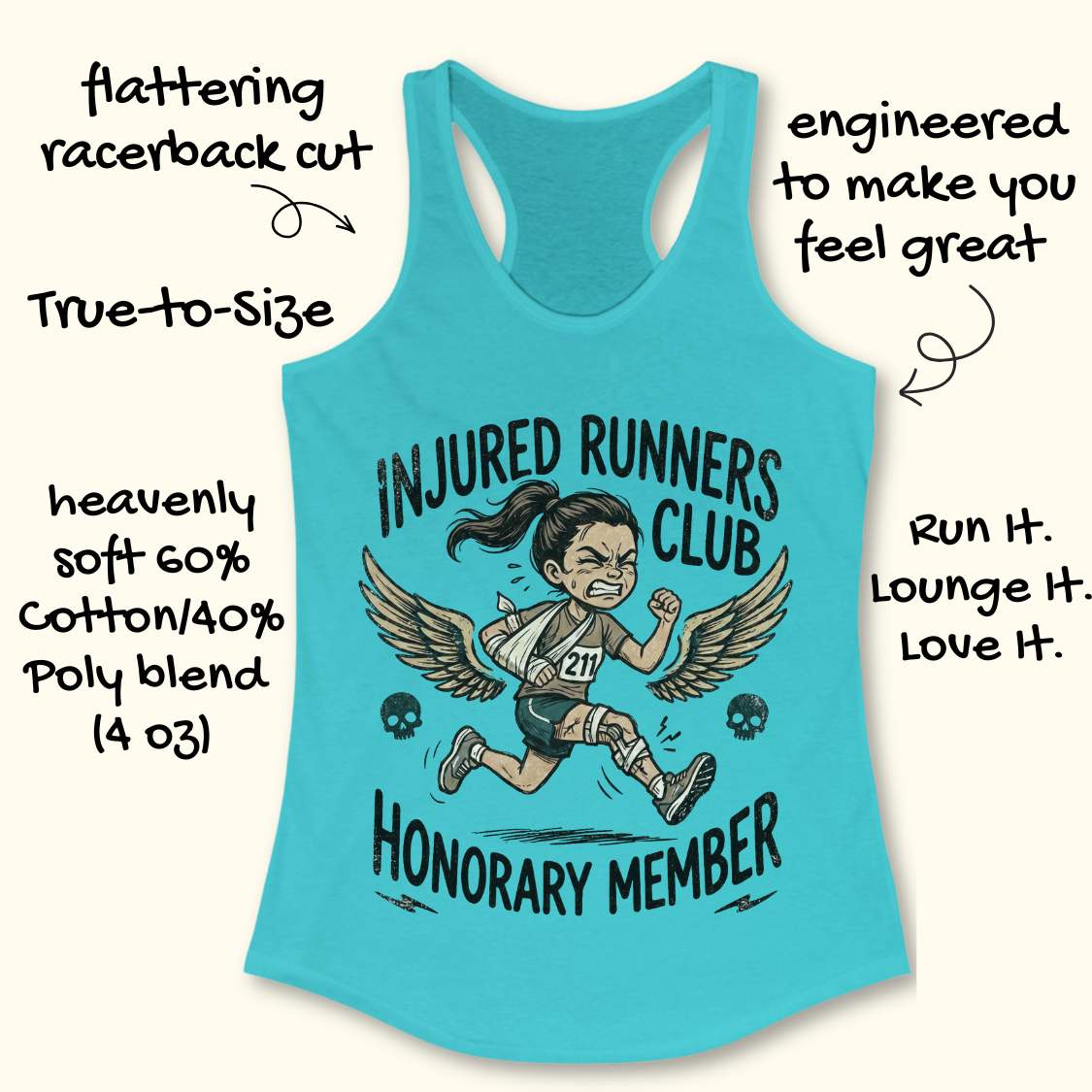 Blue tank top with 'Injured Runners Club Honorary Member' graphic and text about tank top features.