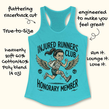 Blue tank top with 'Injured Runners Club Honorary Member' graphic and text about tank top features.