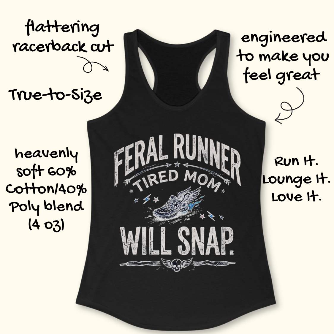 Black tank top with 'Feral Runner Tired Mom Will Snap' text and graphics on a white background