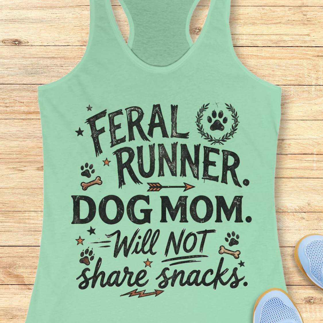 Mint green tank top with text 'Feral Runner. Dog Mom. Will Not Share Snacks' on a wooden surface.