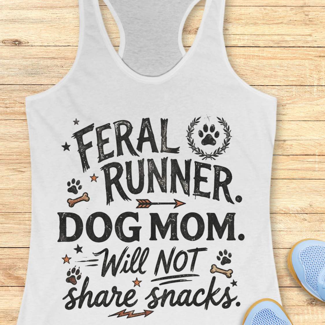 white tank top with 'Feral Runner, Dog Mom, Will Not Share Snacks' text on a wooden surface.