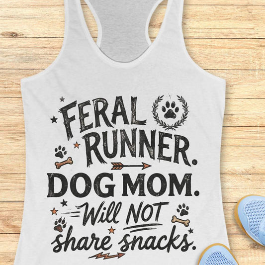 white tank top with 'Feral Runner, Dog Mom, Will Not Share Snacks' text on a wooden surface.