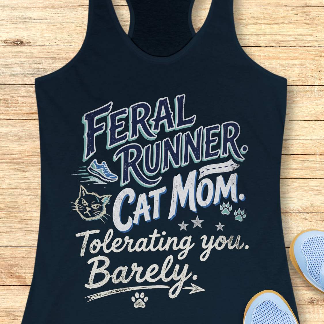 navy tank top with text 'Feral Runner Cat Mom Tolerating you Barely' on a wooden surface.