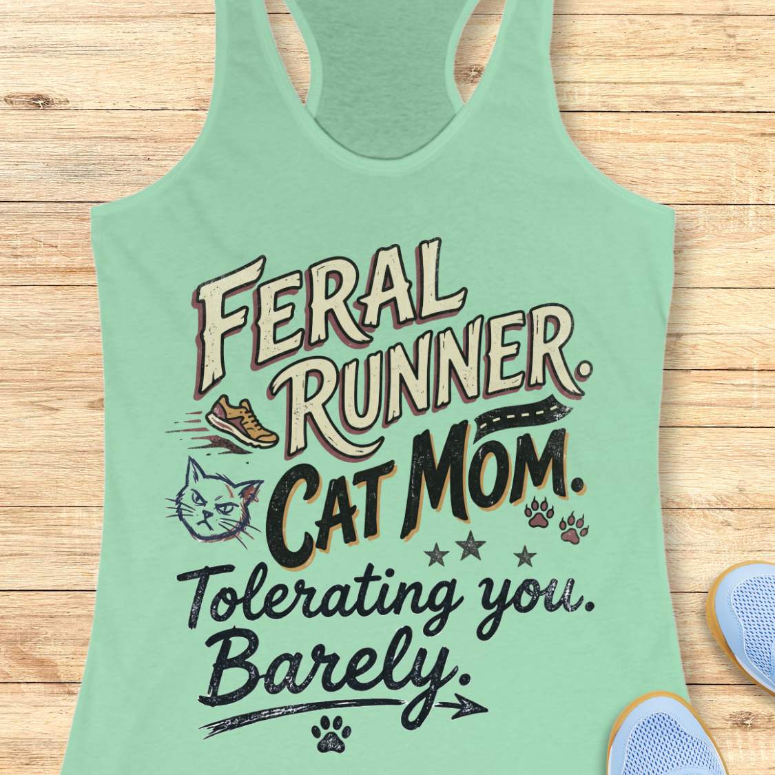 Mint green tank top with text 'Feral Runner, Cat Mom, Tolerating you, Barely' on a wooden surface.