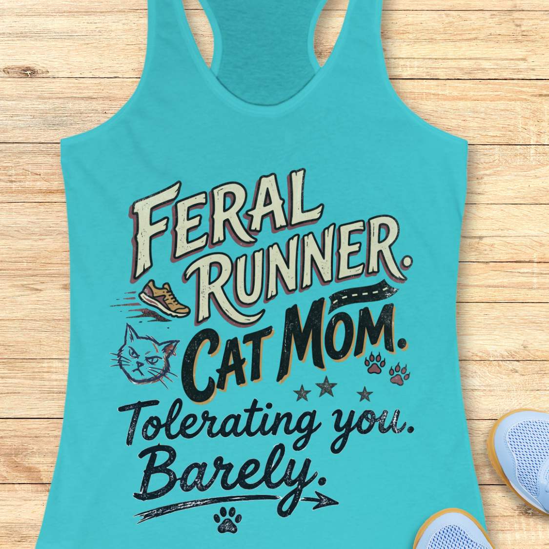 Turquoise tank top with text 'Feral Runner, Cat Mom, Tolerating you, Barely' on a wooden surface.