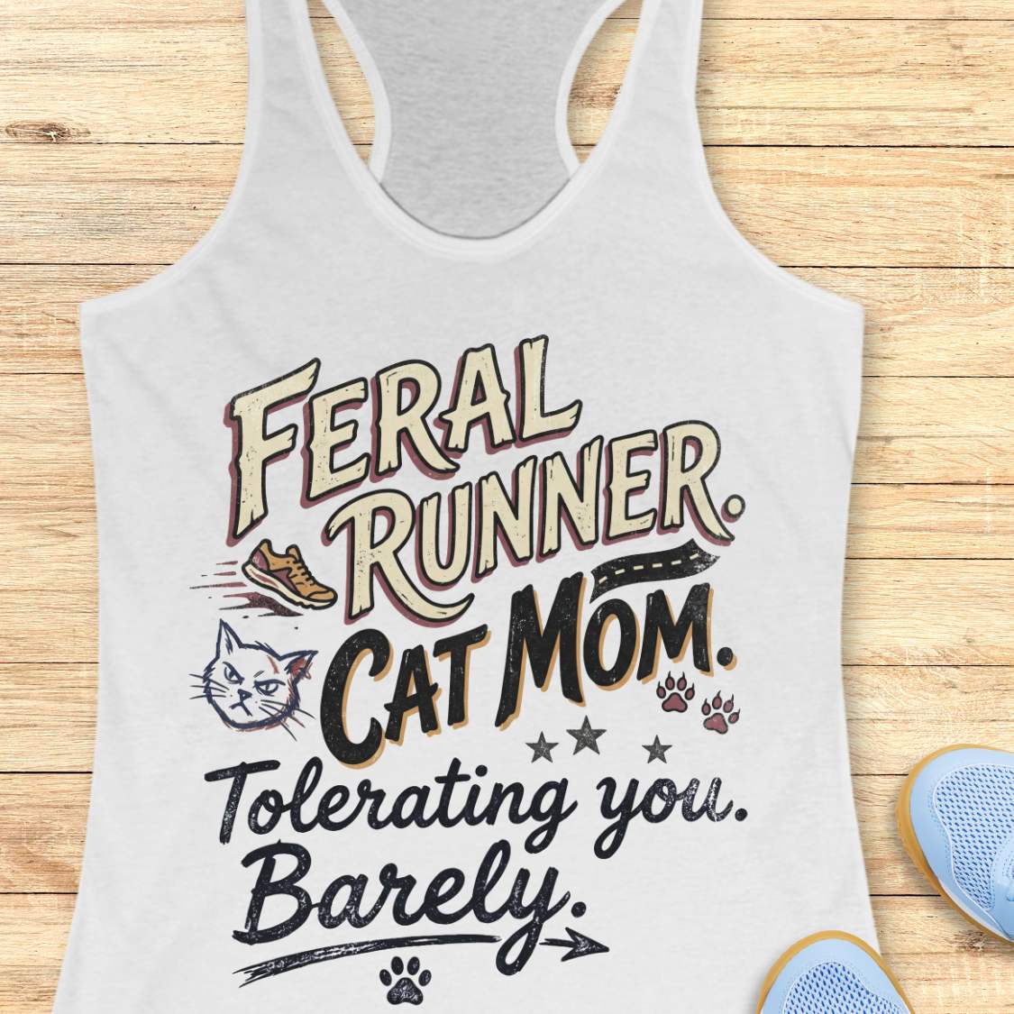 white tank top with 'Feral Runner Cat Mom Tolerating you Barely' text on a wooden surface.