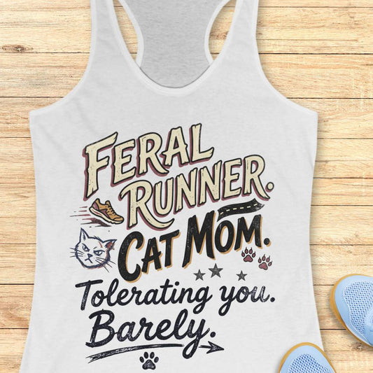 white tank top with 'Feral Runner Cat Mom Tolerating you Barely' text on a wooden surface.