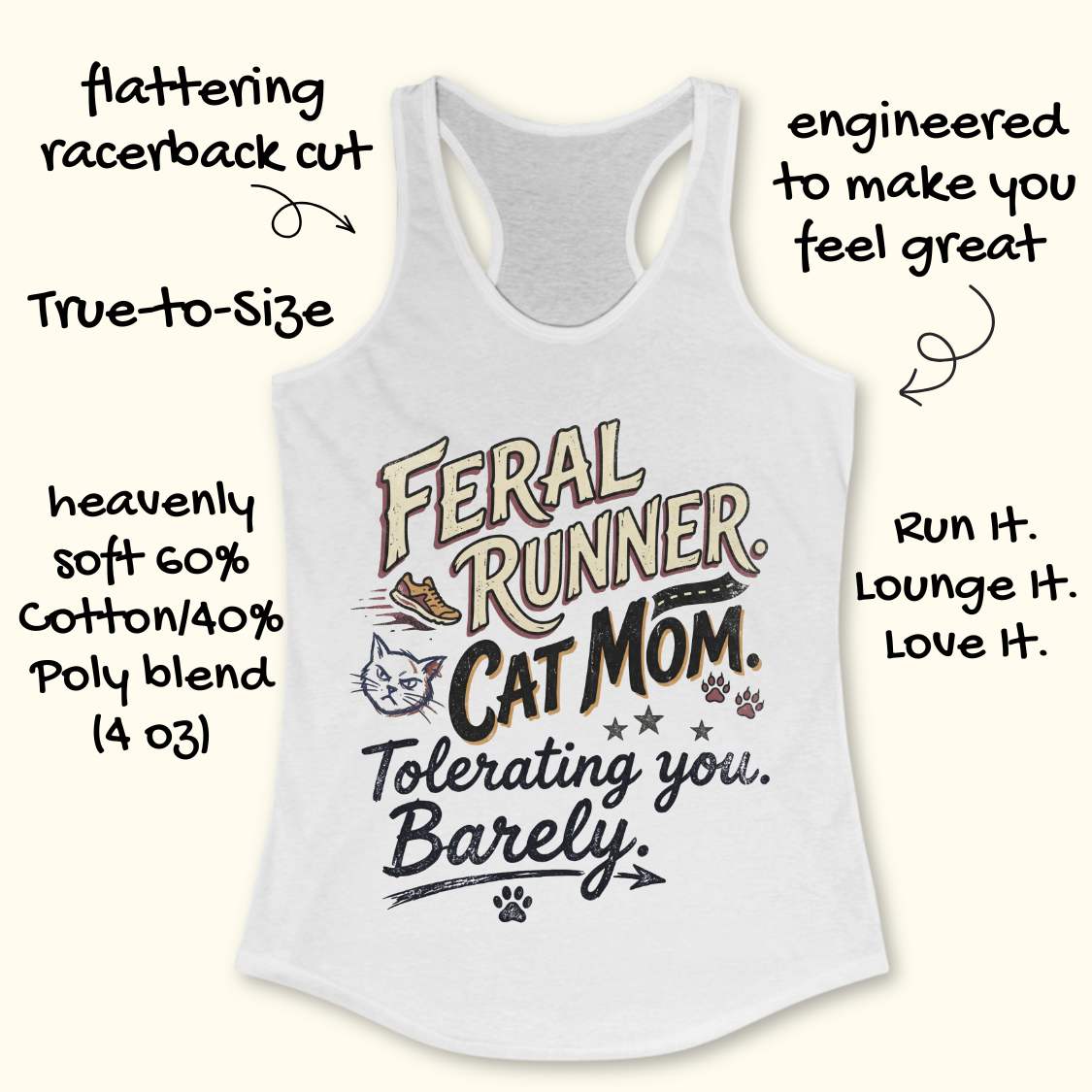 White tank top with 'Feral Runner Cat Mom' text and graphics on a white background