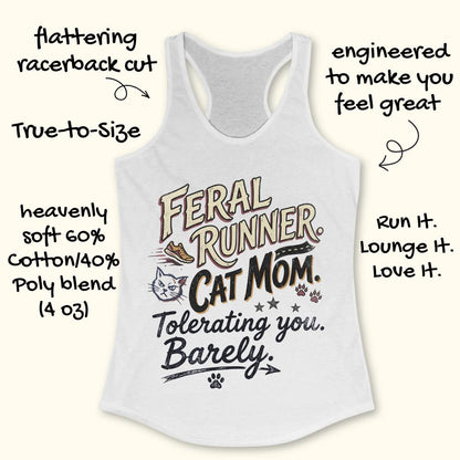 White tank top with 'Feral Runner Cat Mom' text and graphics on a white background