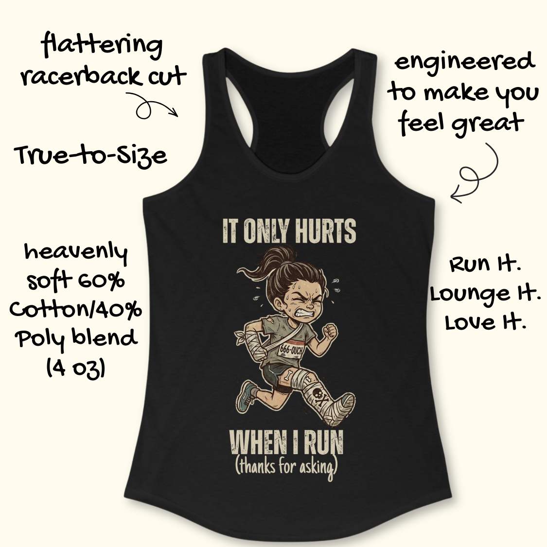 Black tank top with graphic and text 'It only hurts when I run (thanks for asking)', on a white background