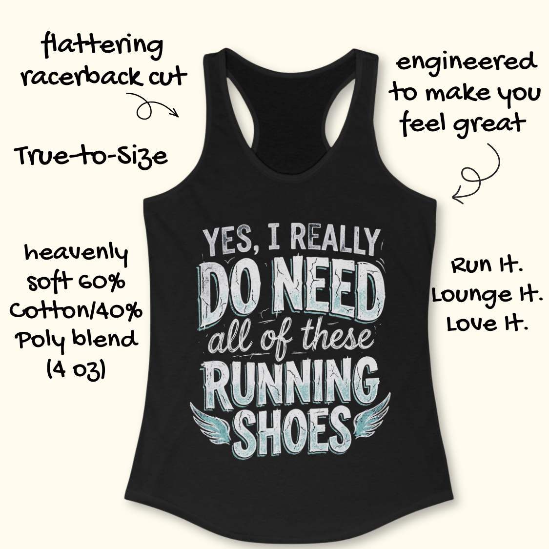 Black tank top with text 'Yes, I really do need all of these running shoes' on a white background