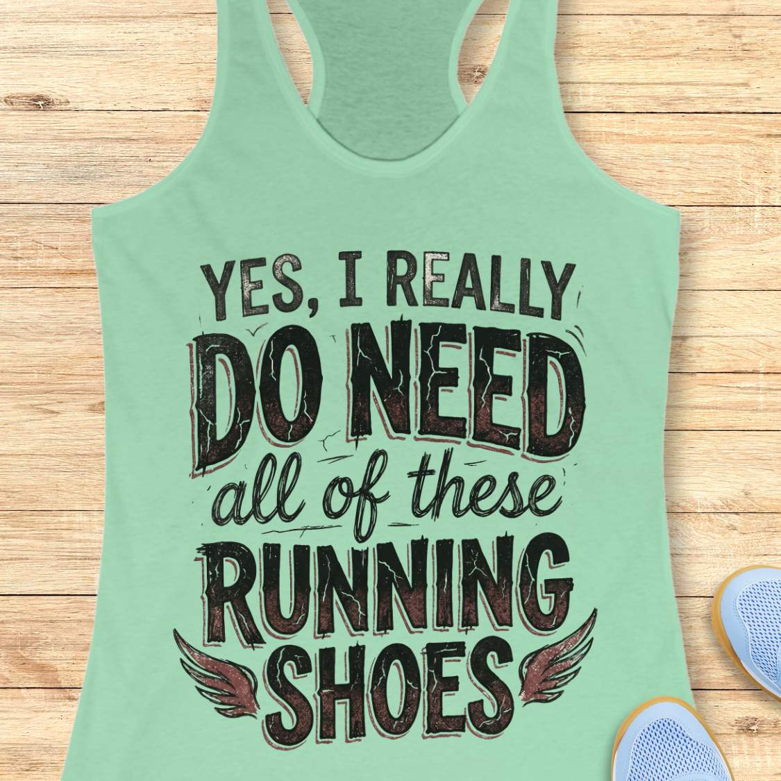 Light green tank top with text ' yes, I really do need all of these running shoes', on a wooden surface