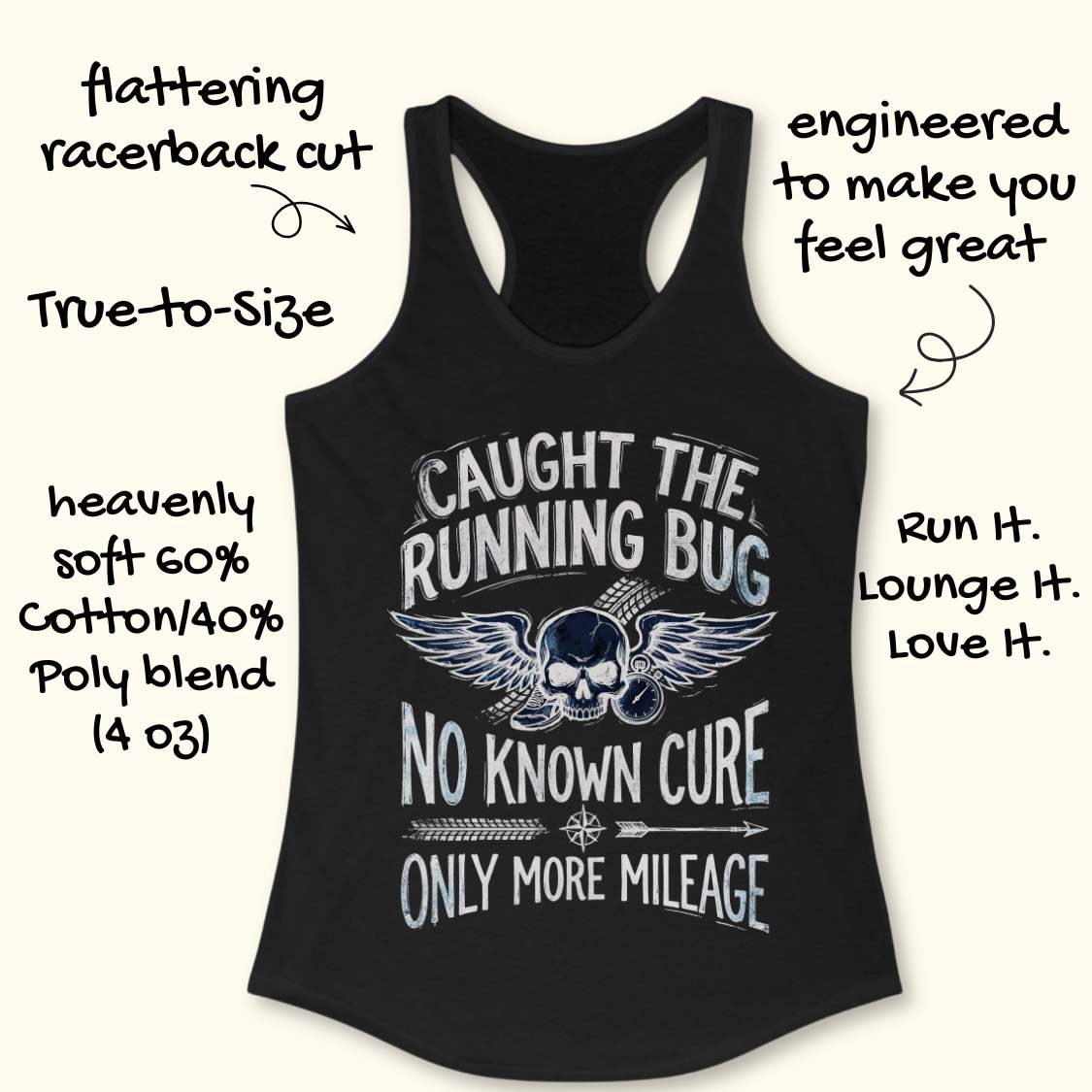 Black tank top with graphic design and text 'caught the running bug. no known cure. only more mileage', on a white background