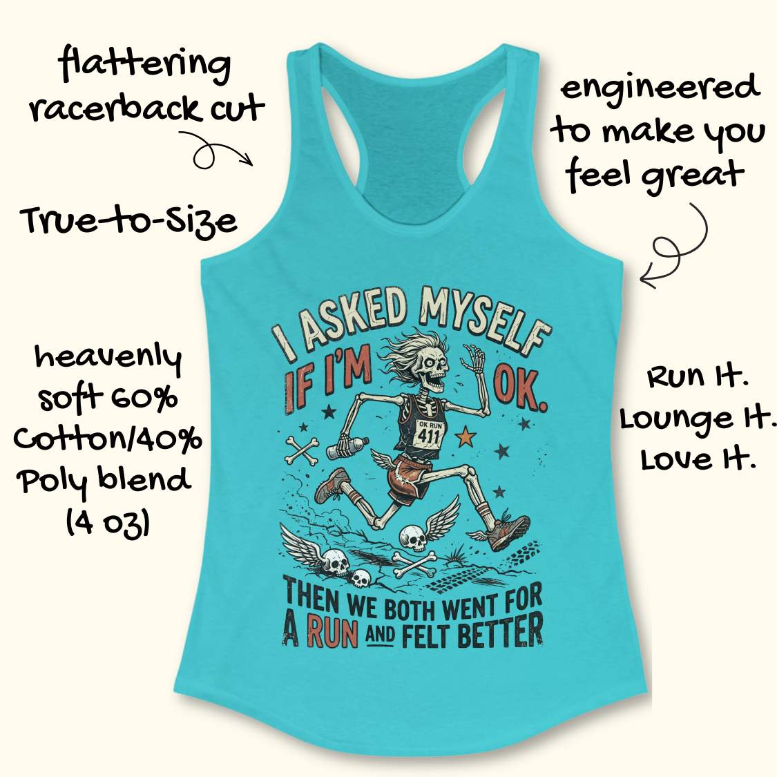 Blue tank top with skeleton design and text 'I asked myself if I'm OK. Then we both went for a run and felt better',  on a white background