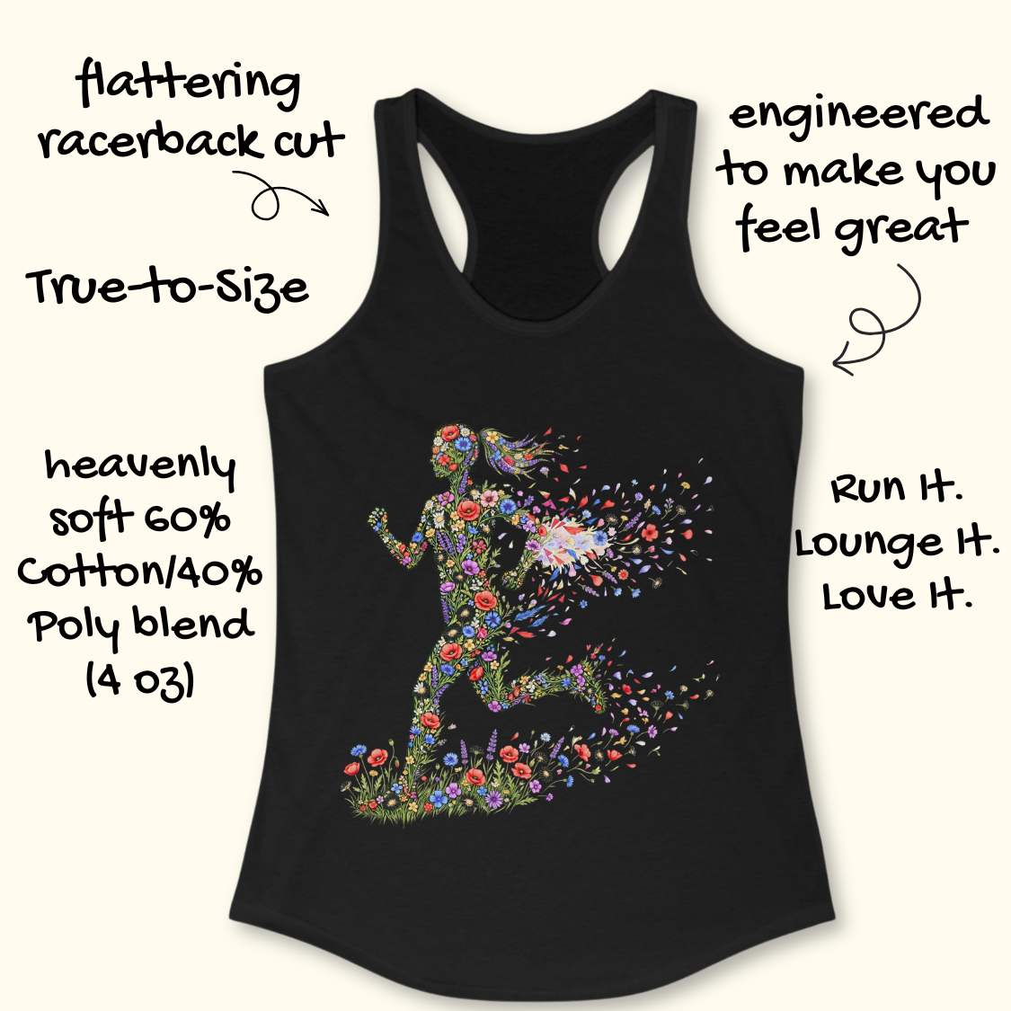 Black tank top with colorful design on a white background