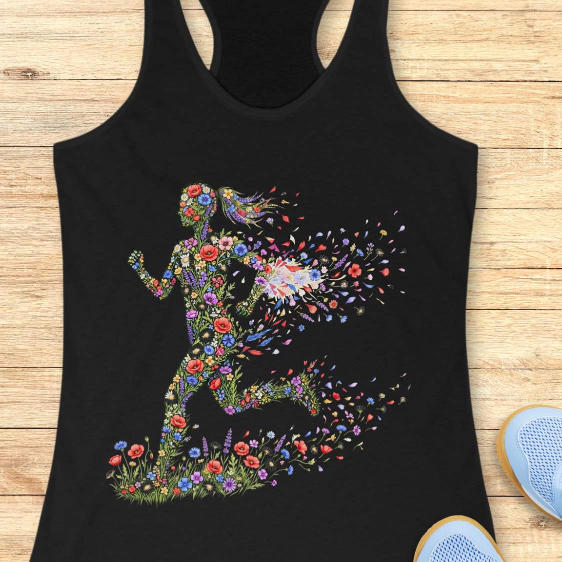 Black tank top with colorful floral design on a wooden surface