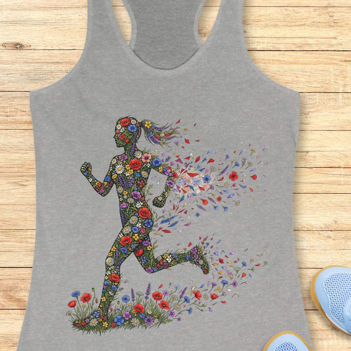 Gray tank top with a colorful floral running woman design on a wooden surface