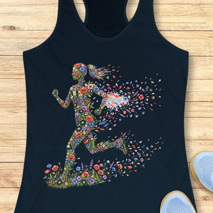 navy tank top with colorful floral design on a wooden surface
