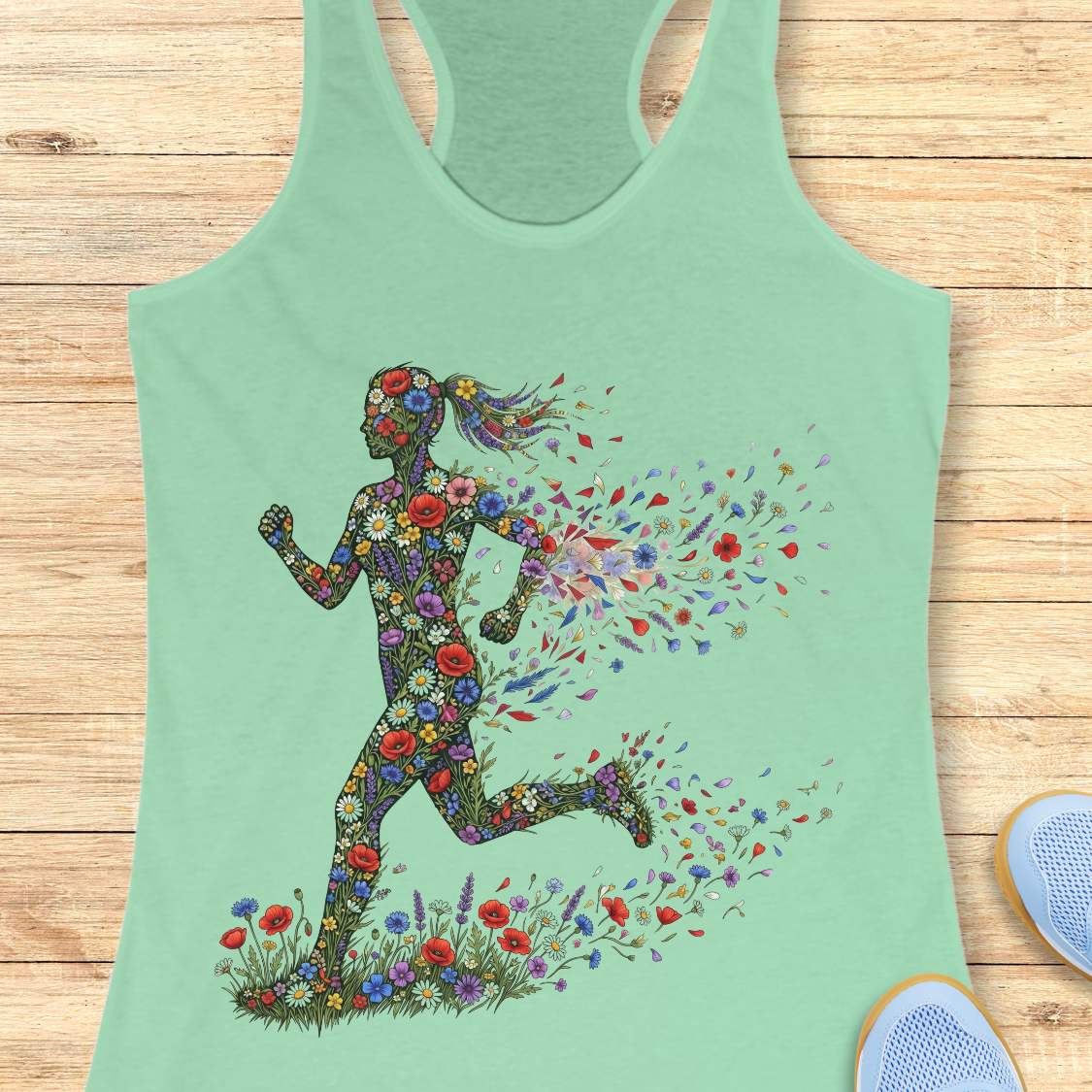 Mint green tank top with floral running woman design on a wooden surface