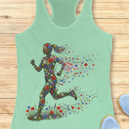 Mint green tank top with floral running woman design on a wooden surface