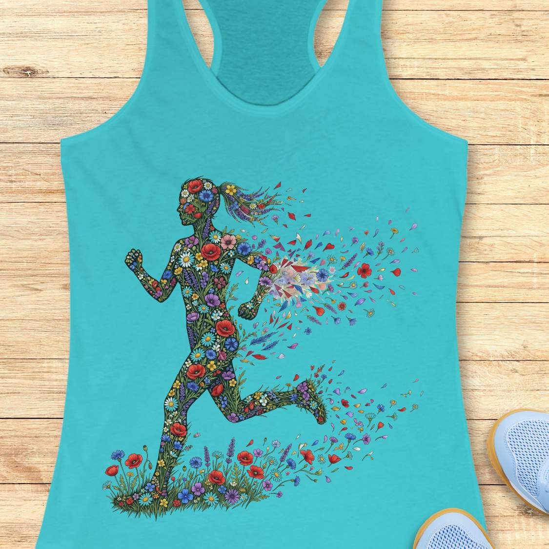 Turquoise tank top with floral running woman design on a wooden surface