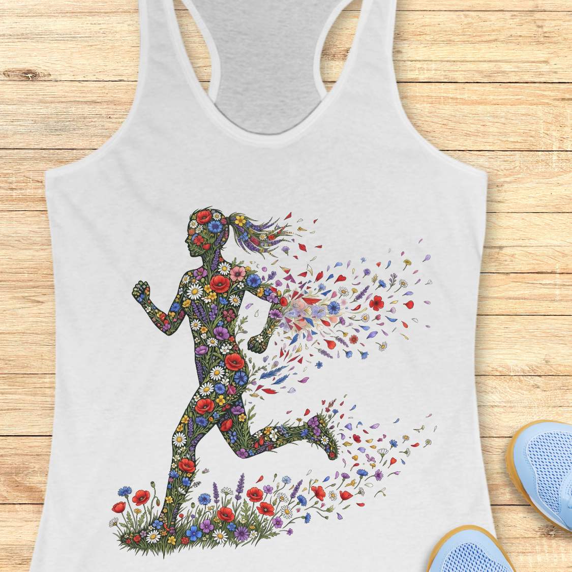 white tank top with a colorful floral running woman design on a wooden surface.