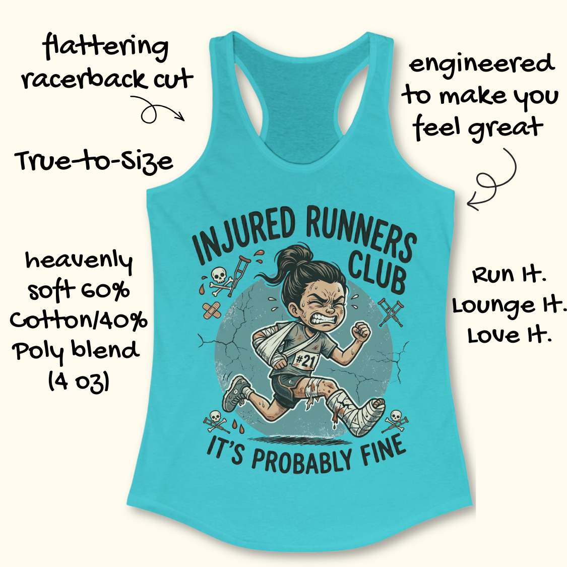 Blue tank top with 'Injured Runners Club' graphic and text on a white background