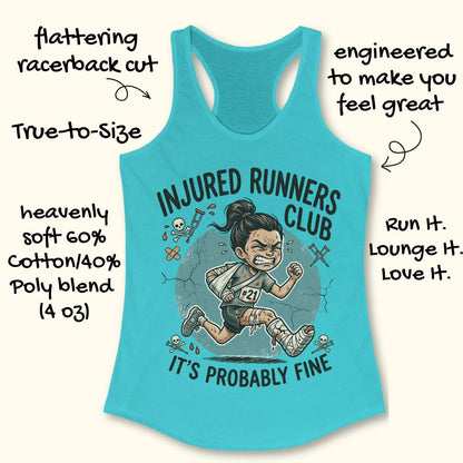 Blue tank top with 'Injured Runners Club' graphic and text on a white background