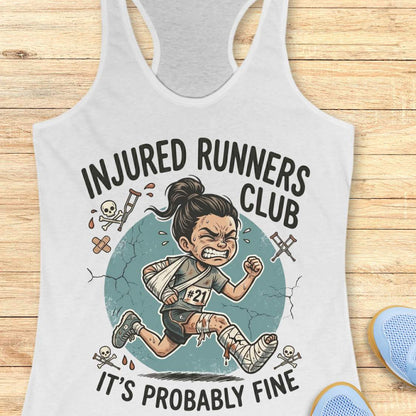 white tank top with 'Injured Runners Club' graphic on a wooden surface