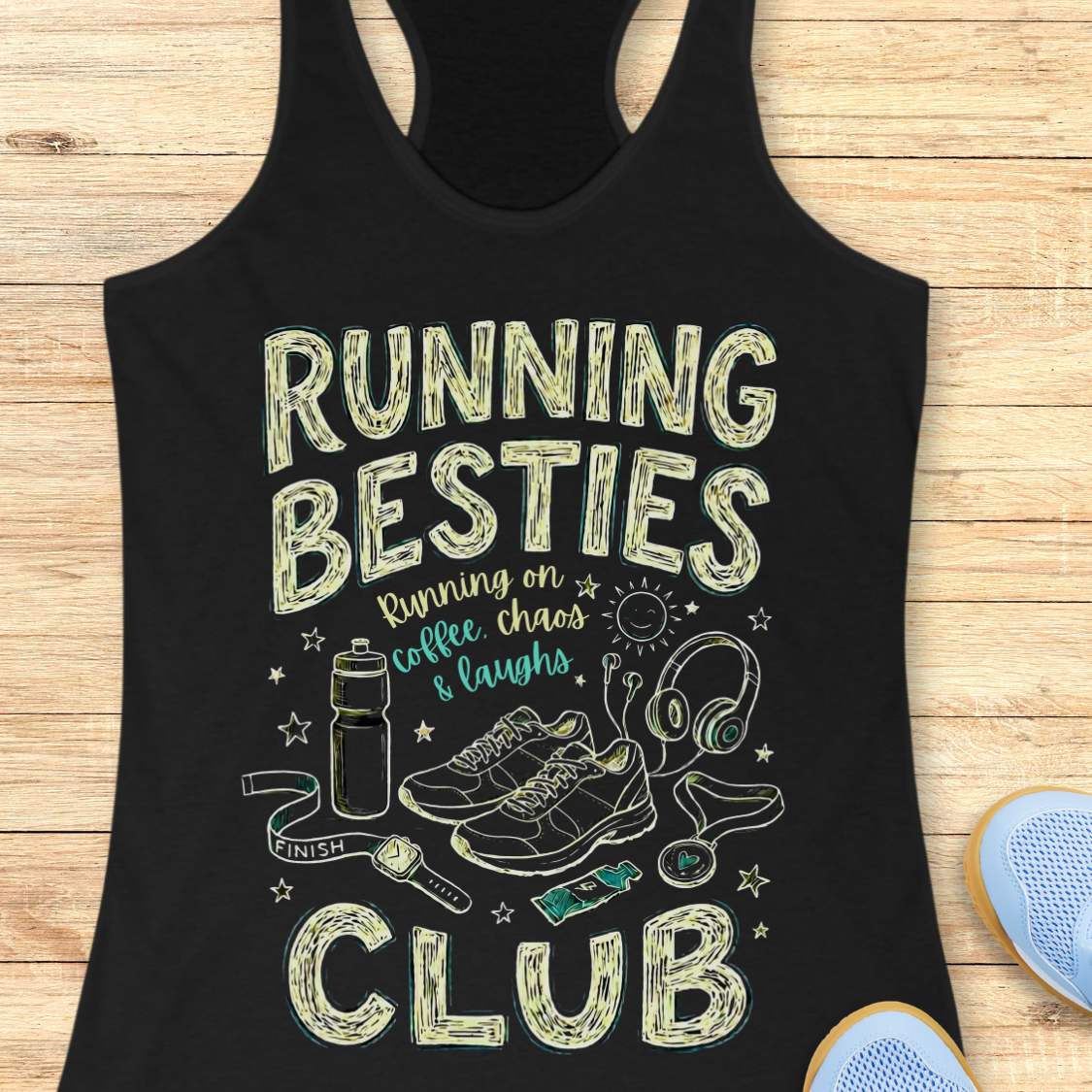 Black tank top with 'Running Besties Club' graphic on a wooden surface