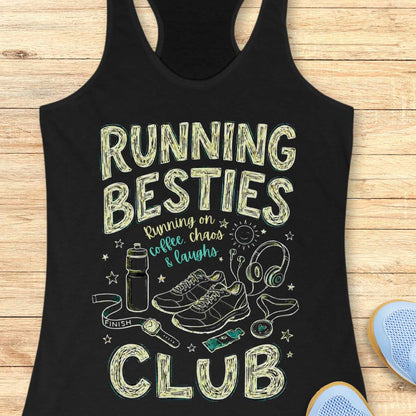 Black tank top with 'Running Besties Club' graphic on a wooden surface