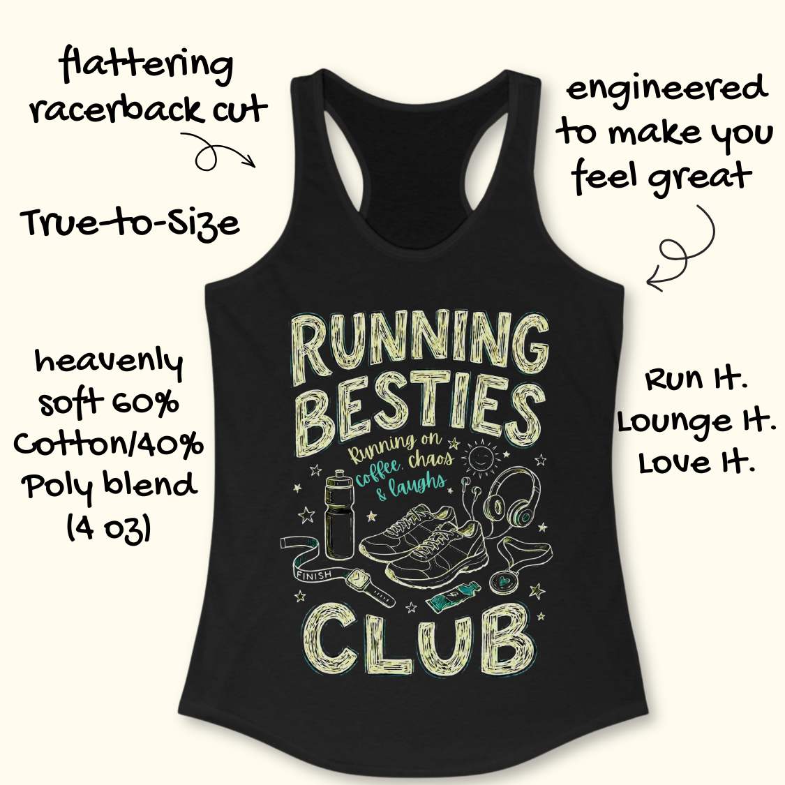 Black tank top with 'Running Besties Club' design on a white background