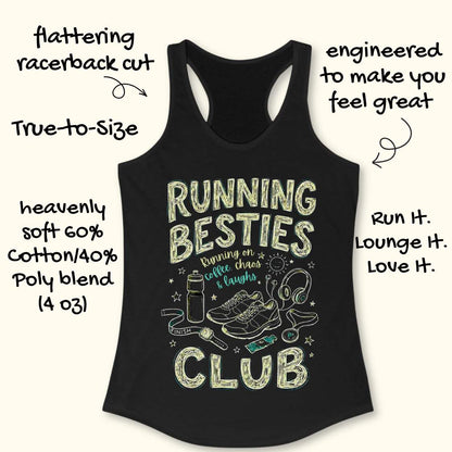 Black tank top with 'Running Besties Club' design on a white background