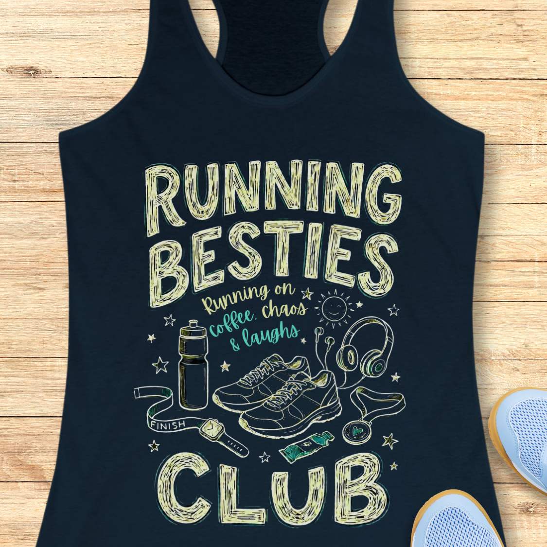 navy tank top with 'Running Besties Club' text and graphics on a wooden surface.
