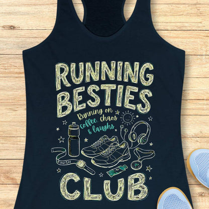 navy tank top with 'Running Besties Club' text and graphics on a wooden surface.