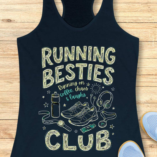 navy tank top with 'Running Besties Club' text and graphics on a wooden surface.