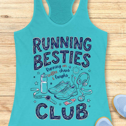 Turquoise tank top with 'Running Besties Club' text and graphics on a wooden surface