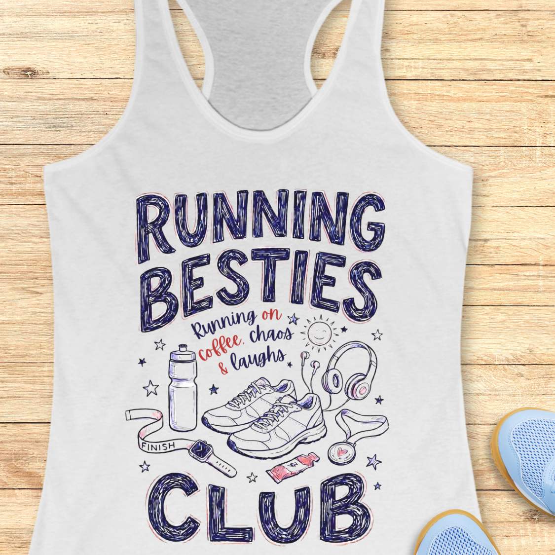 white tank top with 'Running Besties Club' text and graphics on a wooden surface