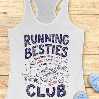 white tank top with 'Running Besties Club' text and graphics on a wooden surface