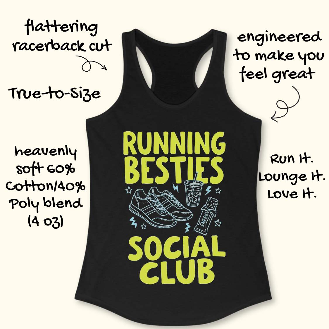 Black tank top with yellow text and graphics on a white background