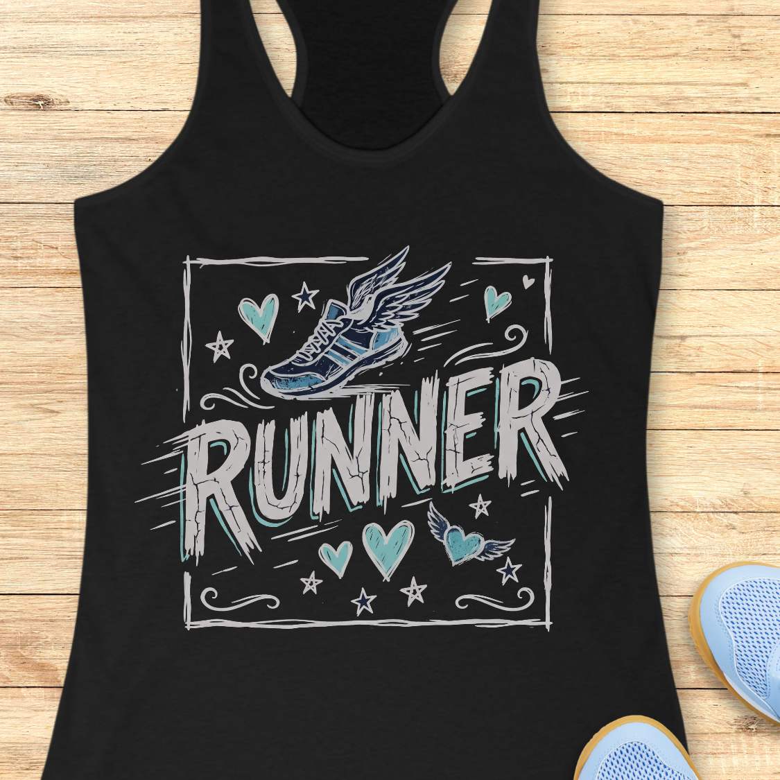 Black tank top with 'RUNNER' and running shoe design on a wooden surface