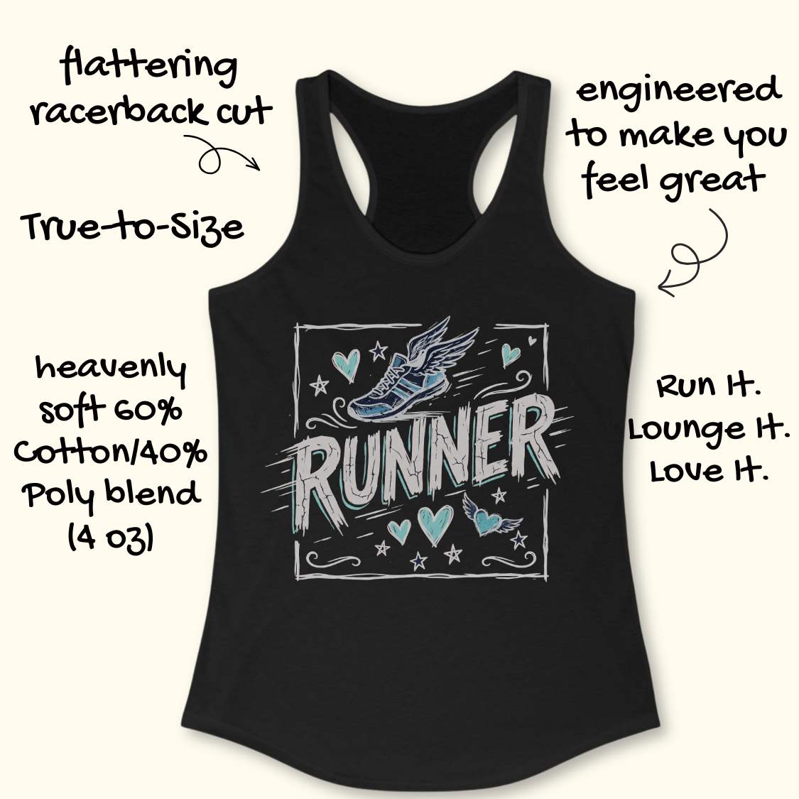 Black tank top with 'RUNNER' design on a white background