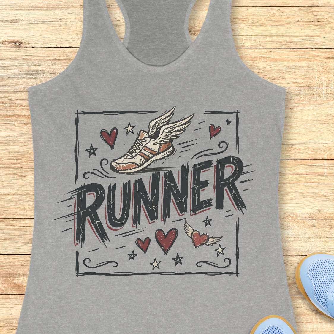 Gray tank top with 'RUNNER' design on a wooden surface