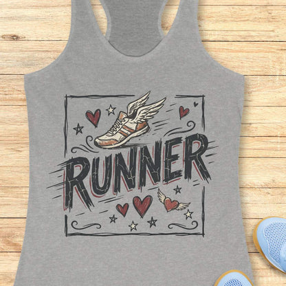 Gray tank top with 'RUNNER' design on a wooden surface