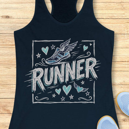 navy tank top with 'RUNNER' design on a wooden surface